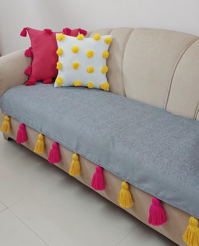 【専用出品】③TRES THE SOFA クッション3個＋替えカバー WWW.THROWPILLOW.IN Grey Tassel Sofa Cover 3 SeaterPink & Yellow